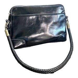 LUXURIOUS, BLACK, NWOT, HARVE’ BENARD LEATHER PURSE. BRAIDED SHOULDER STRAP.